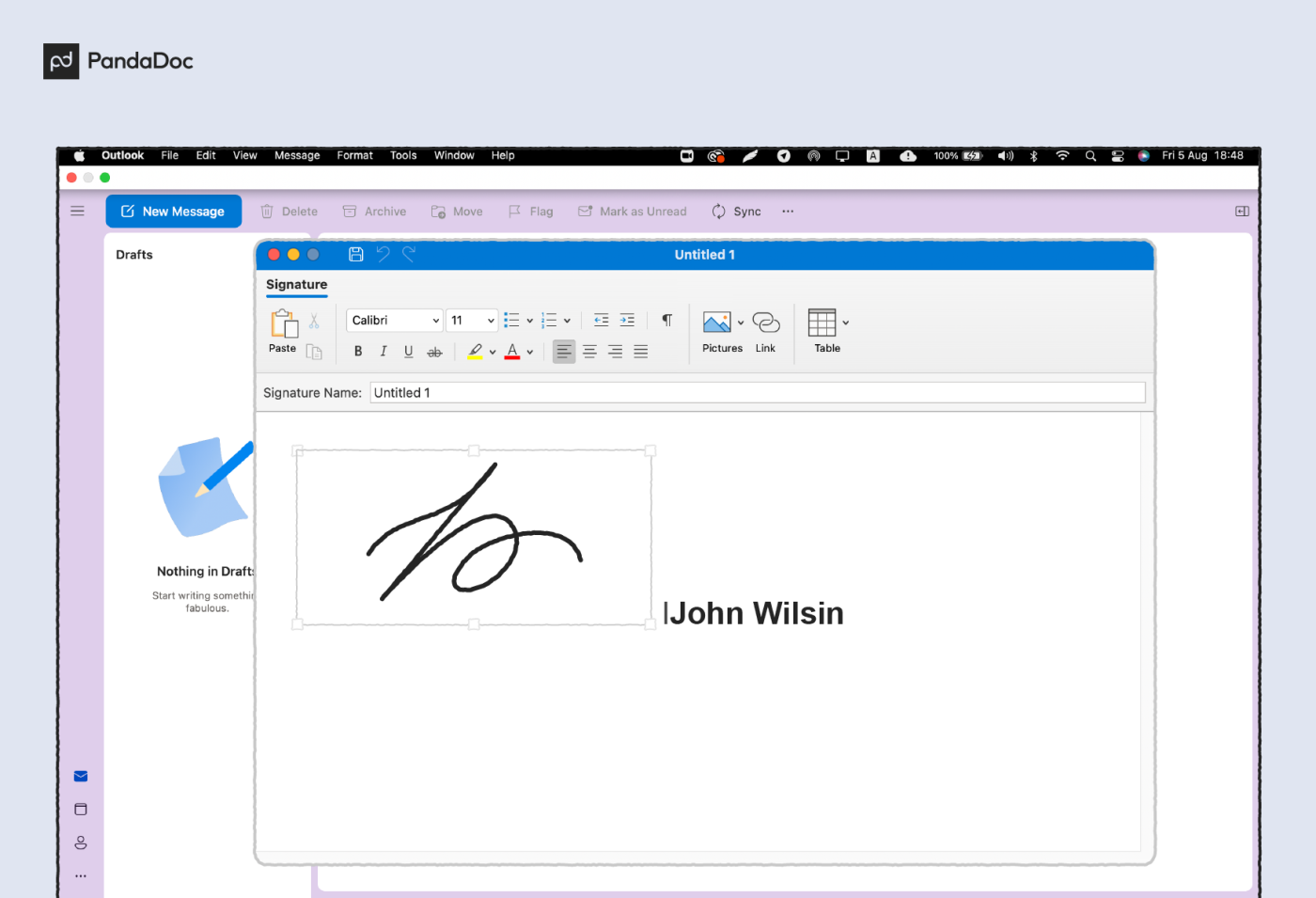 Select signature to edit, choose New, and type a name for the signature