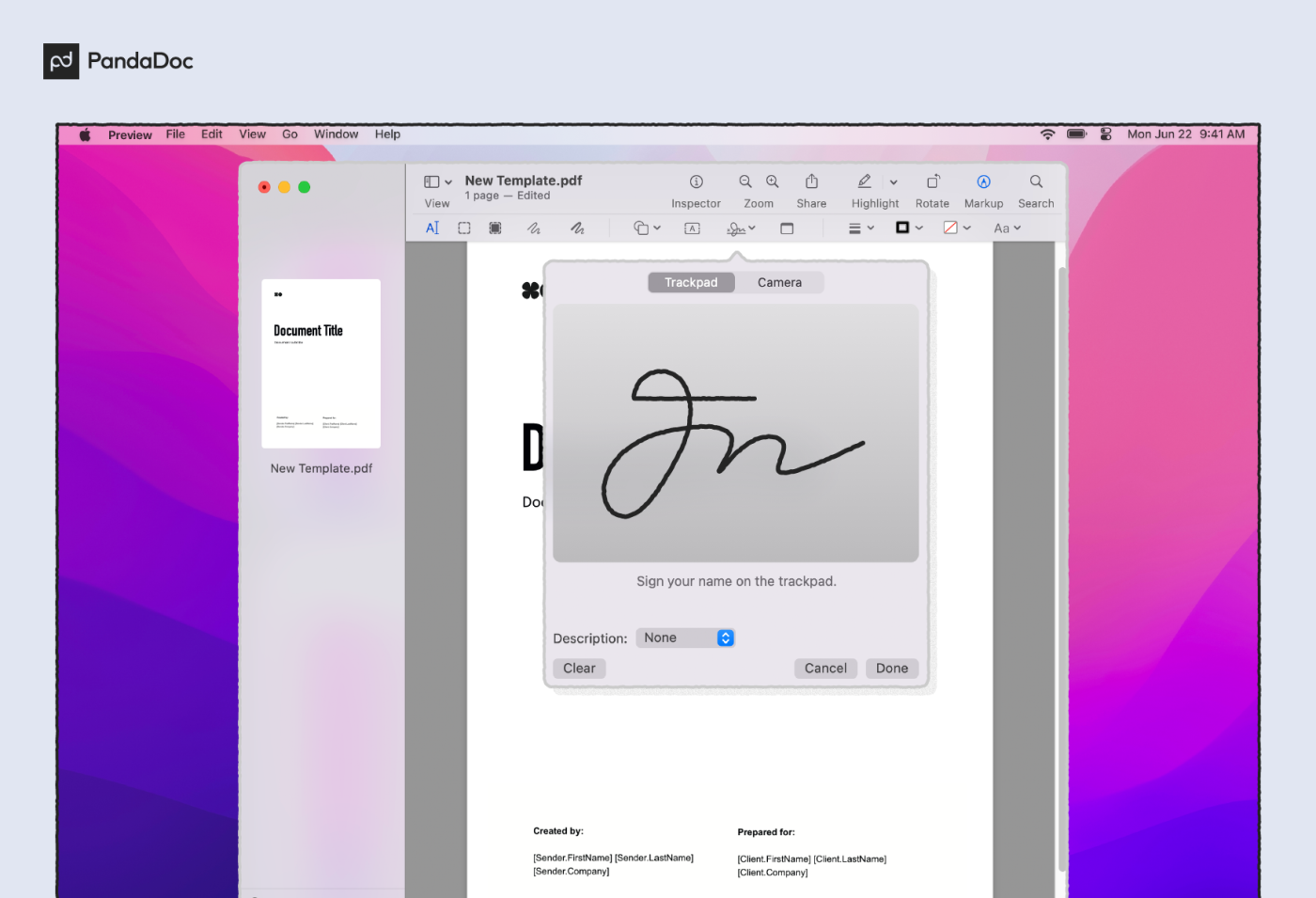Screenshot of using your trackpad to hand-draw a signature