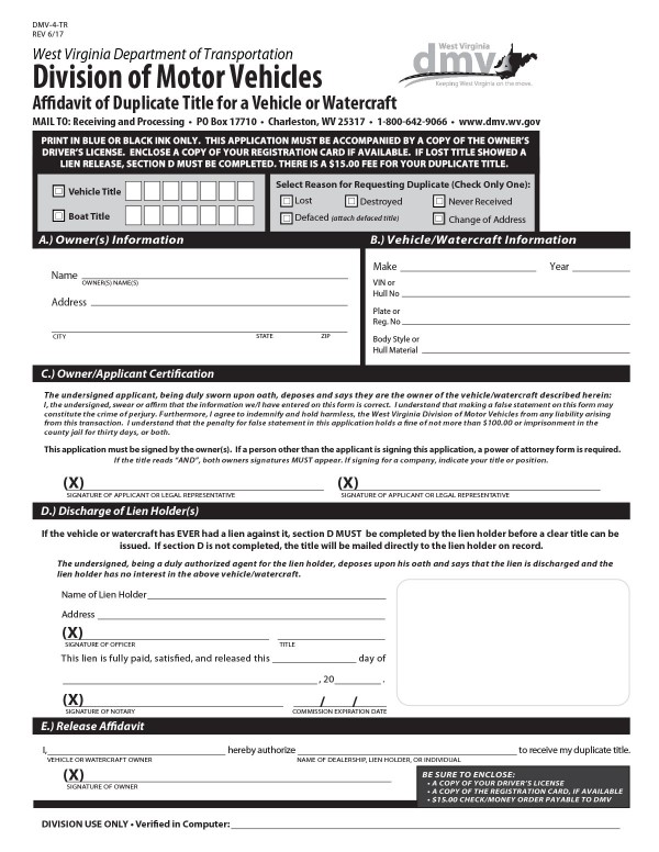 Affidavit of duplicate title for a vehicle/watercraft (Form DMV-4-TR) West Virginia PandaDoc