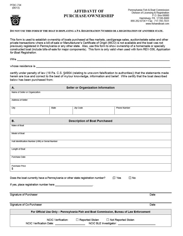 Affidavit (Form PFBC-734) Pennsylvania PandaDoc
