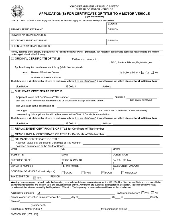 Application for certificate of title to a motor vehicle Ohio PandaDoc