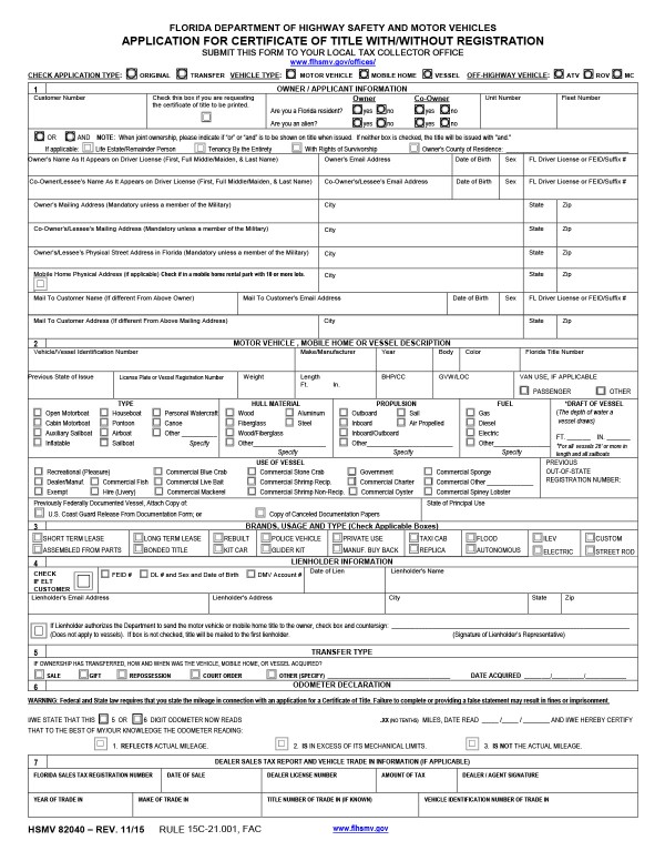 Application for certificate of title Florida PandaDoc