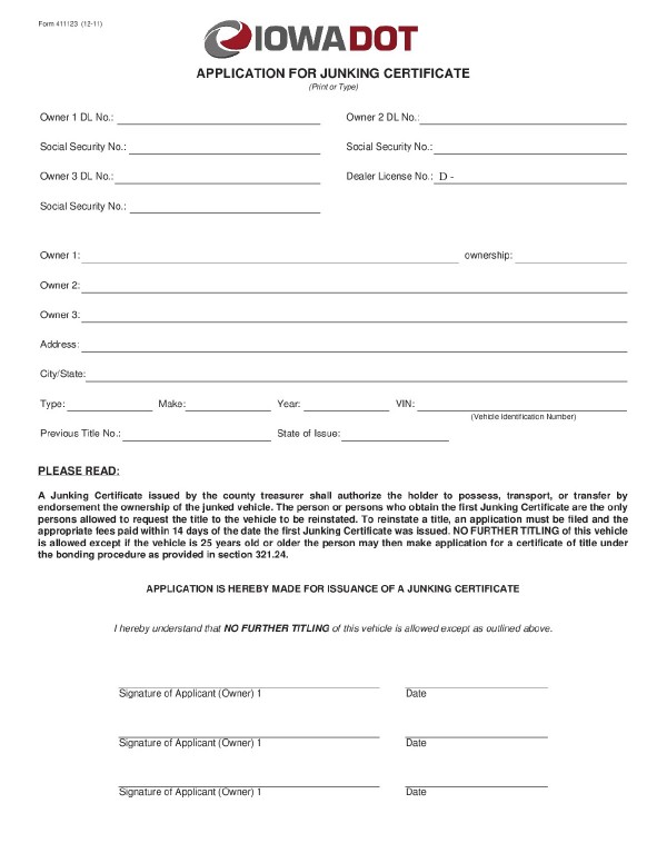 Application for junking certificate Iowa PandaDoc