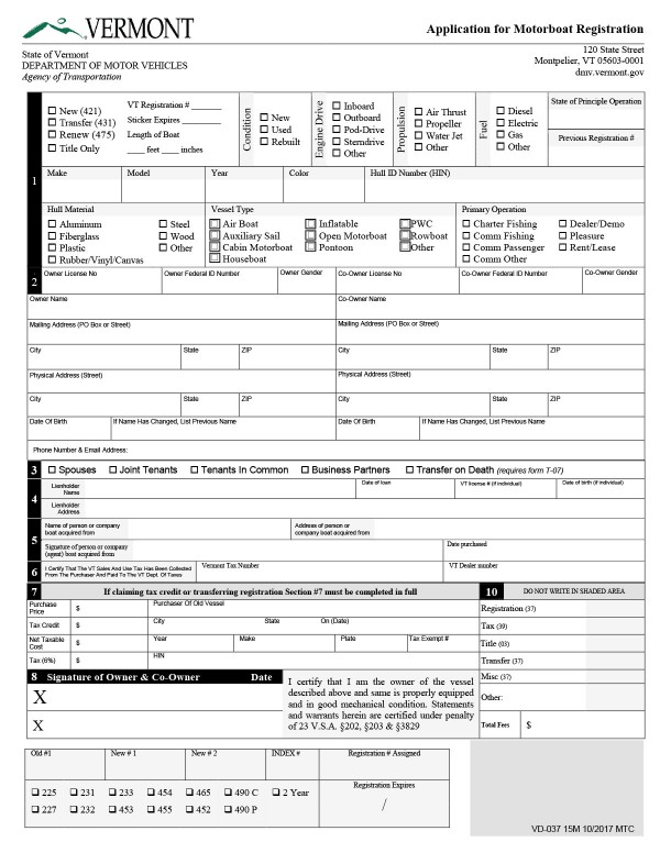 Application for motorboat registration Vermont PandaDoc