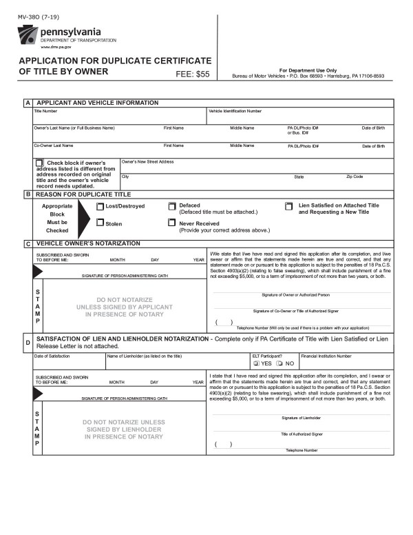 Application for duplicate title (Form MV-38O) Pennsylvania PandaDoc