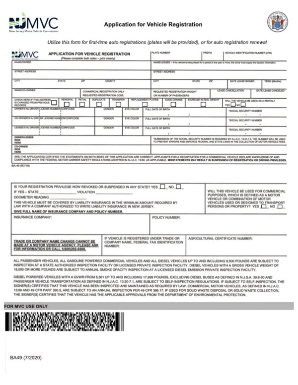 Application for vehicle registration (Form BA-49) New Jersey PandaDoc