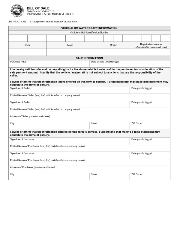 Bill of sale (State Form 44237) Indiana PandaDoc