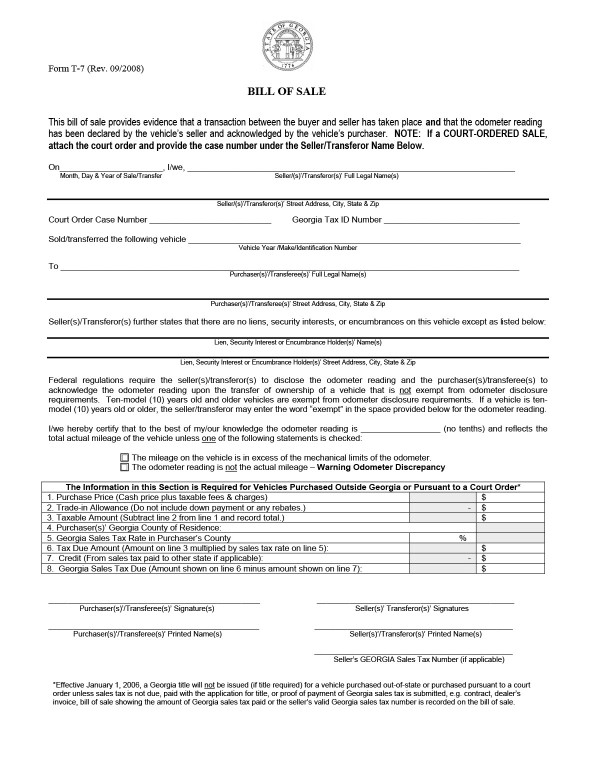Georgia Bill Of Sale Templates For Autos Boats Firearm And More