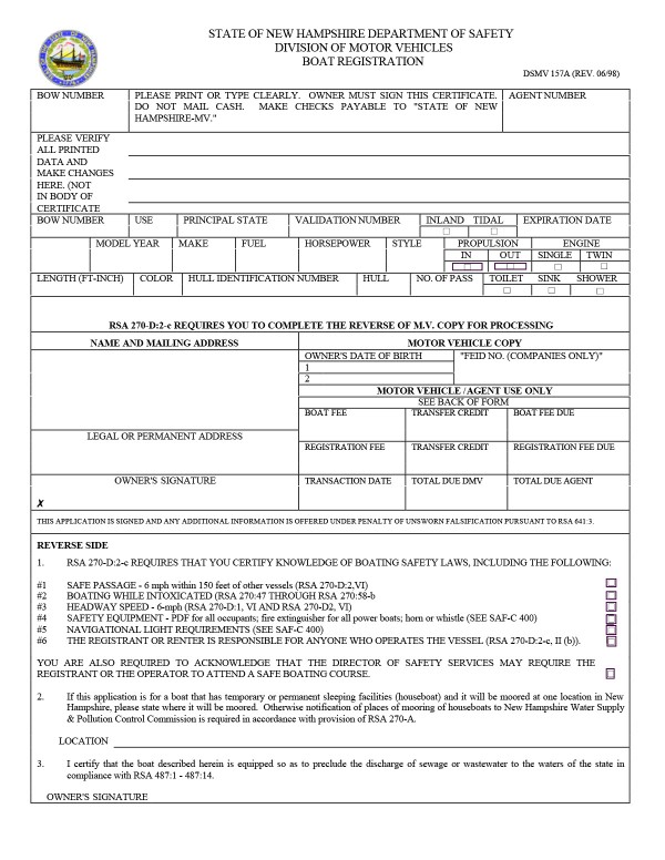 Boat registration form (DSMV 157A) New Hampshire PandaDoc