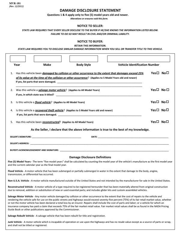 Damage disclosure statement (Form MVR-181) North Carolina PandaDoc