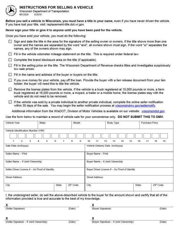 Instructions for selling a vehicle (Form MV2928) Wisconsin PandaDoc