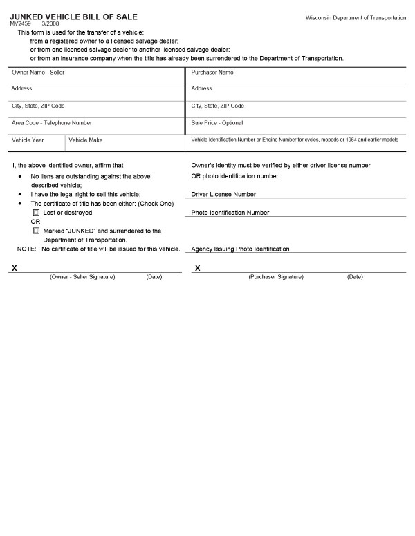 Junked vehicle bill of sale (Form MV2459) Wisconsin PandaDoc