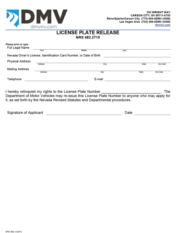 License plate release (Form SP 67) Nevada PandaDoc