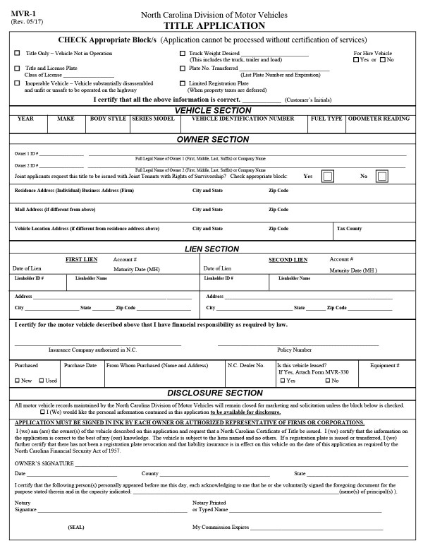North Carolina title application (Form MVR-1) North Carolina PandaDoc