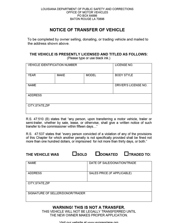 Notice of vehicle transfer (Form DPSMV 1697) Louisiana PandaDoc