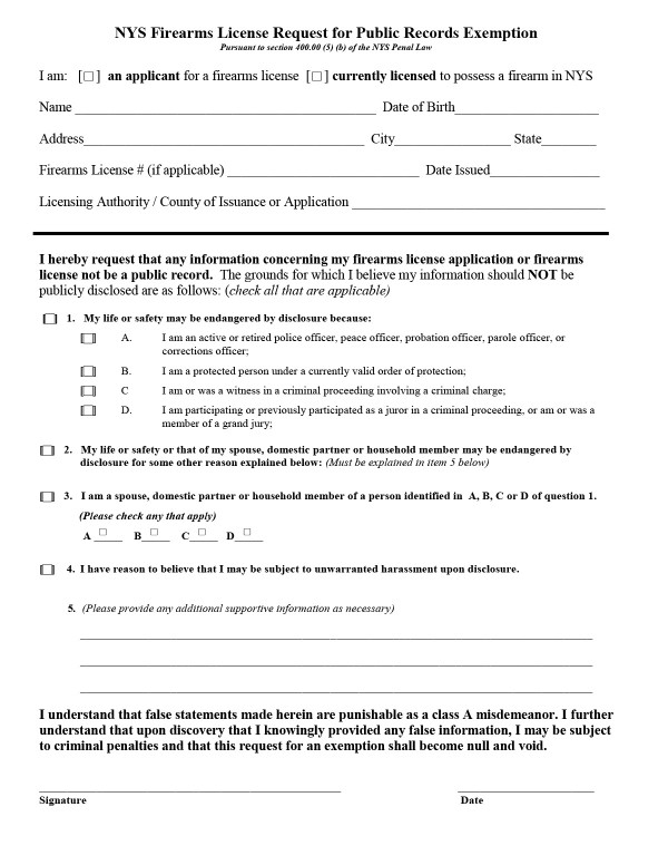 NYS firearms license request for public records exemption form New York PandaDoc