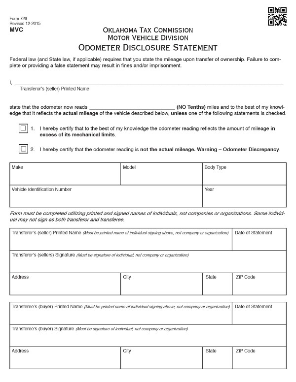 Odometer disclosure statement (Form 729) Oklahoma PandaDoc