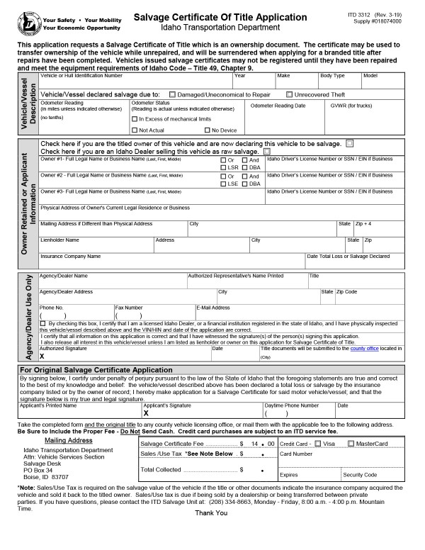 Salvage certificate of title application Idaho PandaDoc