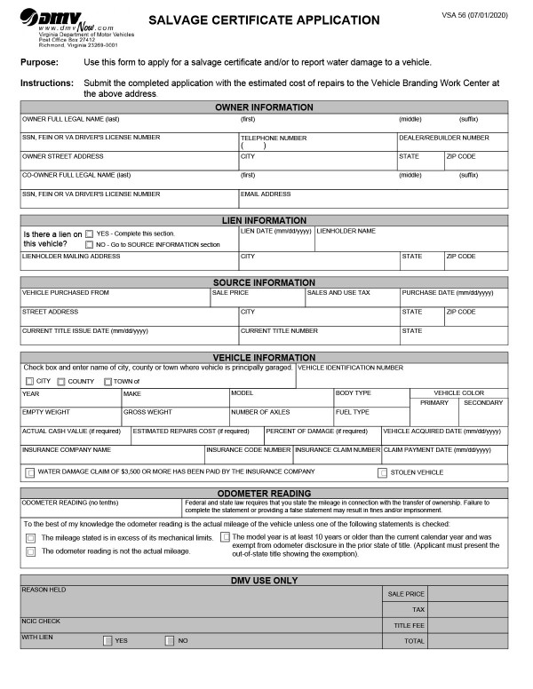Salvage certificate application (VSA 56) Virginia PandaDoc