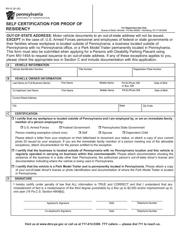 Self certification for proof of residency (Form MV-8) Pennsylvania PandaDoc