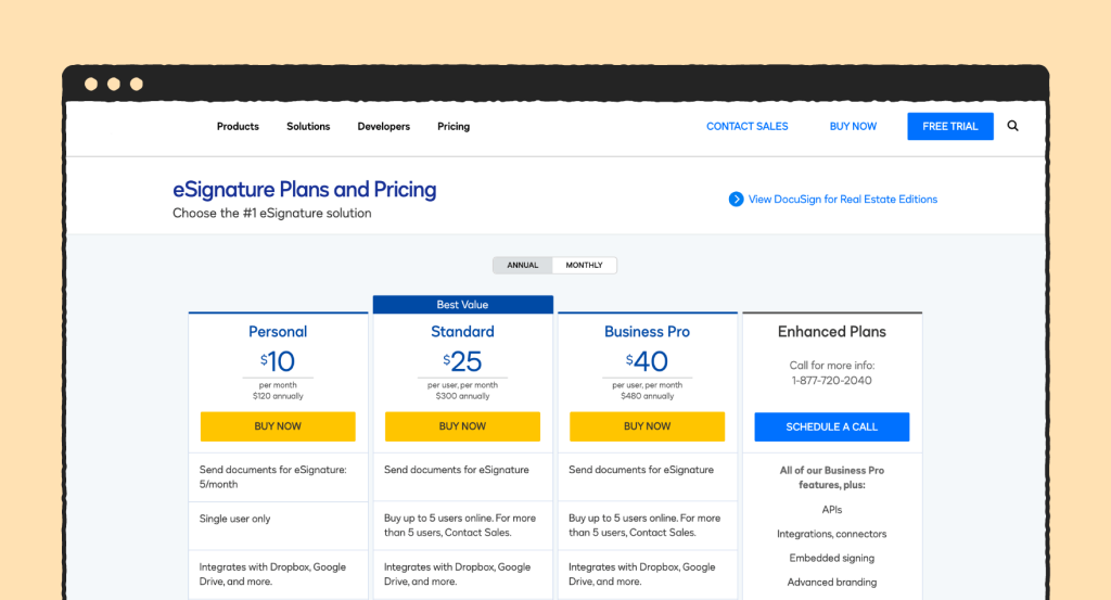 Screenshot showing DocuSign pricing plans