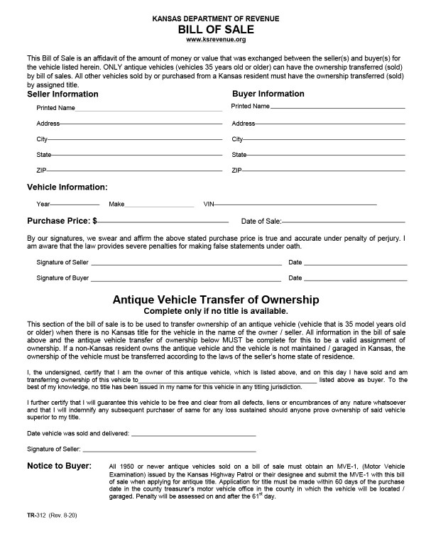 Standard bill of sale form Kansas PandaDoc