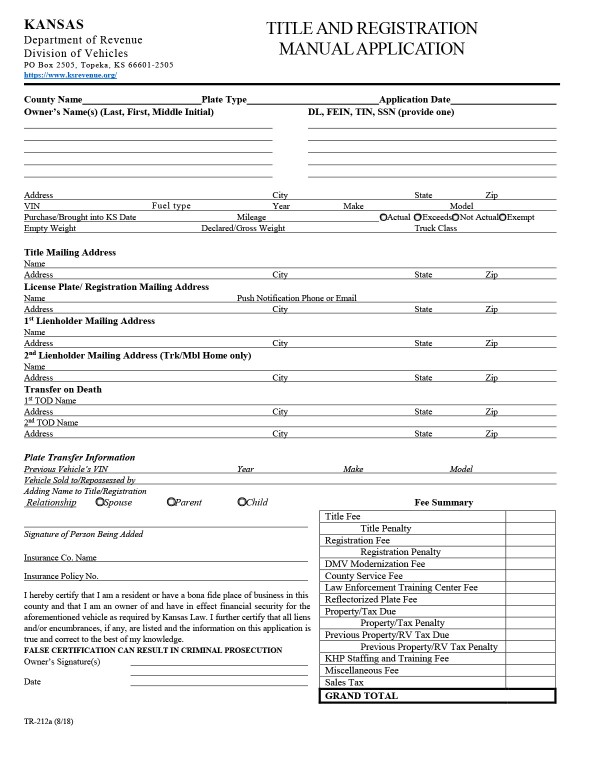 Title and registration manual application (Form TR-212a) Kansas PandaDoc
