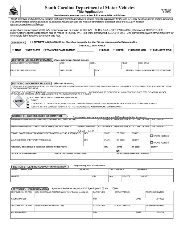 Title application (SCDMV Form 400) South Carolina PandaDoc