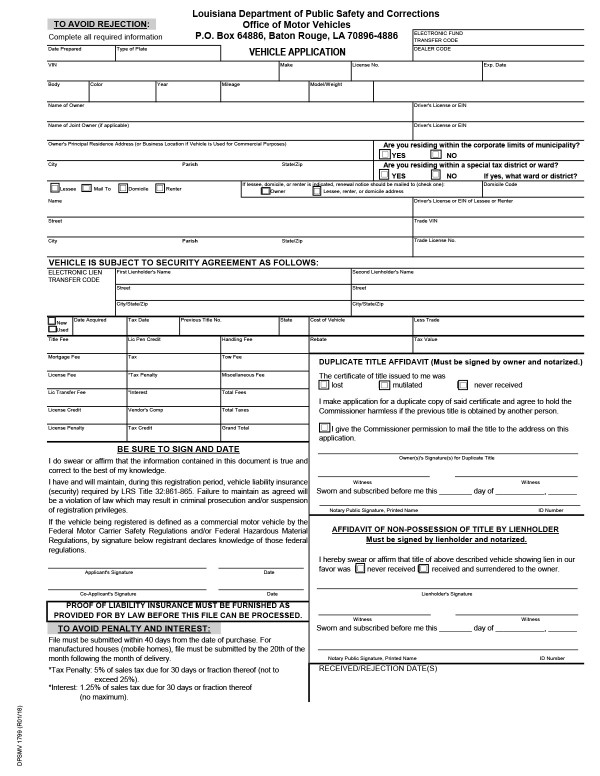 Vehicle application (Form DPSMV 1799) Louisiana PandaDoc