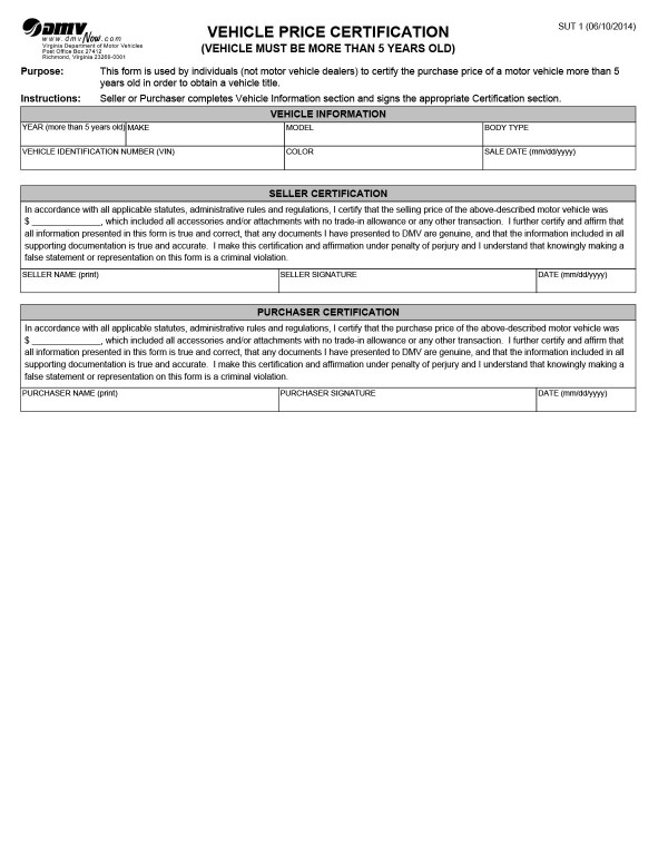 Vehicle price certification (Bill of Sale, SUT 1) Virginia PandaDoc