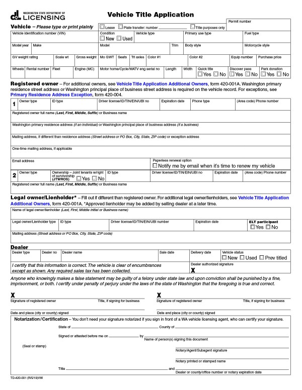 Vehicle title application (Form TD-420-001) Washington PandaDoc